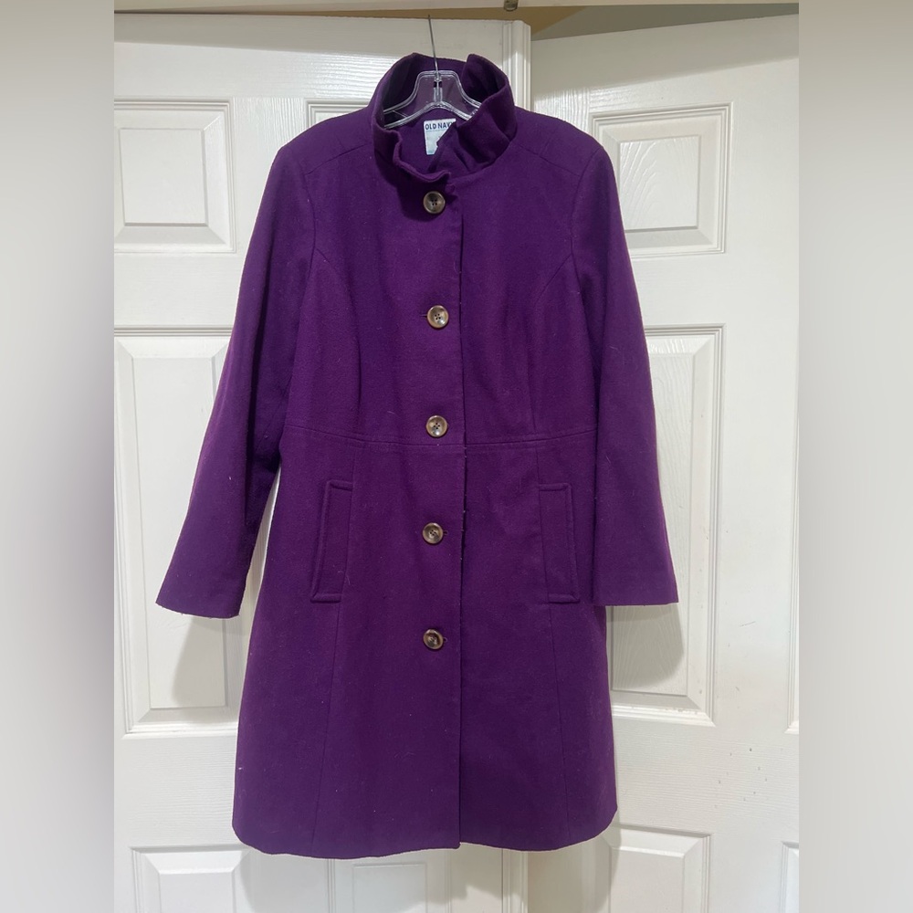 Old Navy Coat Womens XL Plum Purple Wool Blend Ruffle Neck Long Dress Coat Chic